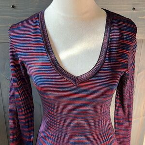Missoni Purple Red Black Stretch Silky V-Neck Long Sleeve Bodycon Midi Dress